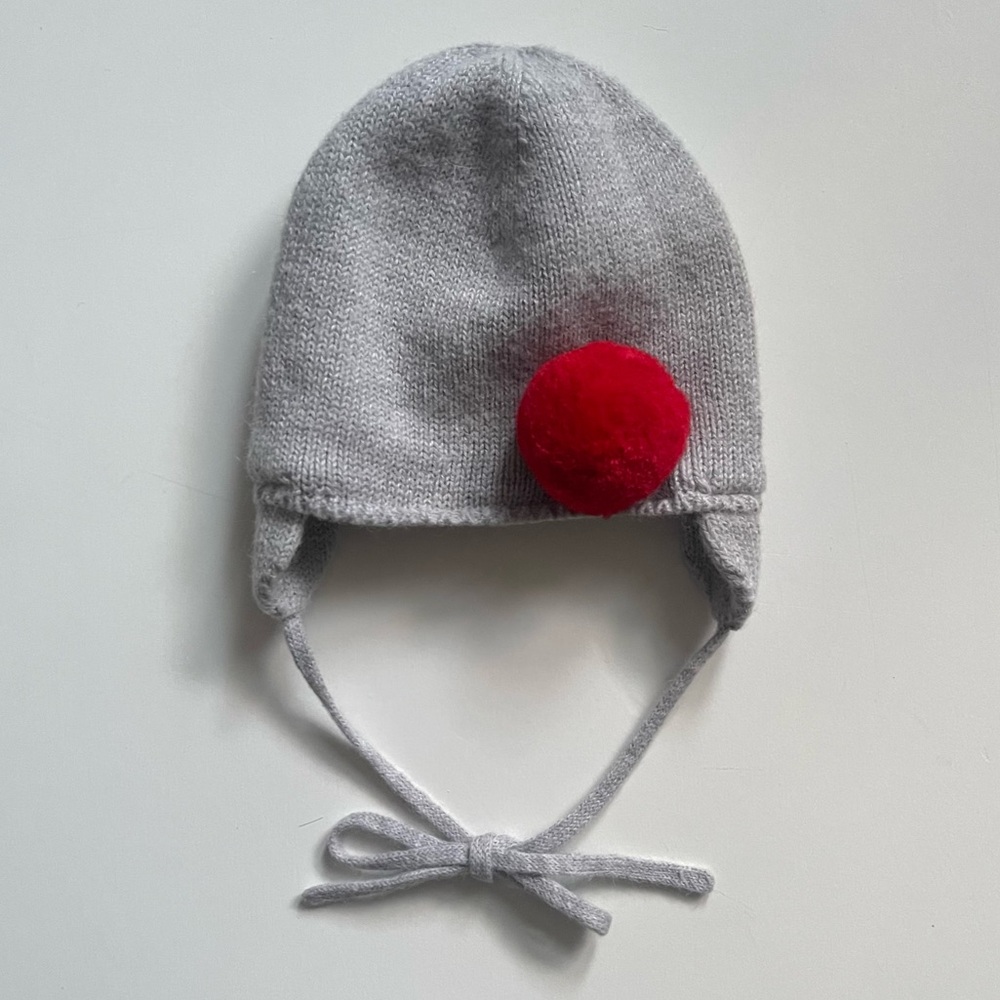 Jacadi Baby Girls Gray Winter Hat with Red Pompom - 41cm/1-3M